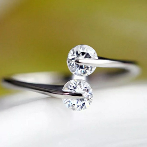 Silver Double Round Crystal Adjustable Open Ring - Picture 2 of 4